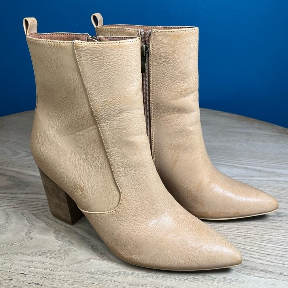 VICI Faux Leather Tan Ankle Boots Pointed Almond Toe Block Heel Women’s Size 10